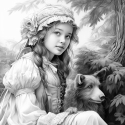 a girl wearing old fashioned traditional clothes like an old frilly bonnet playing with a dog in a beautiful forest