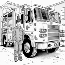 firefighter in front of fire truck showing kids a smoke detector