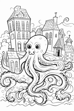 underwater city and friendly octopus