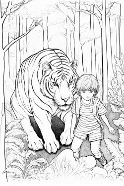 playing boy with tiger in dark forest