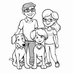 a mom dad and beagle with a five year old girl wearing pigtail braids and glasses