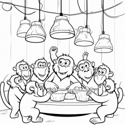baboons swinging from the lights grabbing food from the tables customers look scared and surprised
