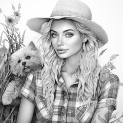 a beautiful country woman with check shirt and a hairbun leaning against a scarecrow