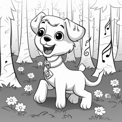 a dog dancing with music notes in a forest
