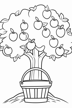 apple tree with a basket in front of it