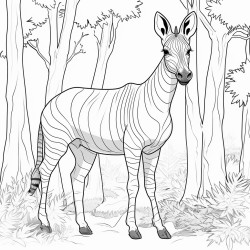 an okapi standing quietly among dense forest trees its zebralike legs clearly visible among the leaves