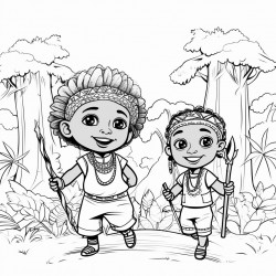 professional sketch drawing of  african boy and a girl  chlid playing in the forest for coloring book coloring page