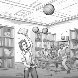 detailed cartoon of teenagers in a classroom trying to catch books balls and other equipment flying around them