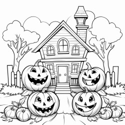 halloween pumpkins smiling in front of a house