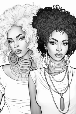 please create a coloring page with cute curly hair black girls in coffee shop