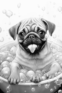 happy pug in a bath tub with lots of bubbles