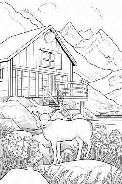 a wild goat switzerland landscape with a quaint stone house surrounded by flowers wooden dock extending into a lake