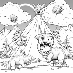 create a scene with playful dinosaurs sliding down a volcano and swinging on trees