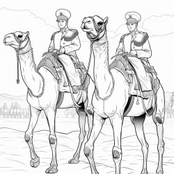a coloring book page in black and white lines only camels in military uniform