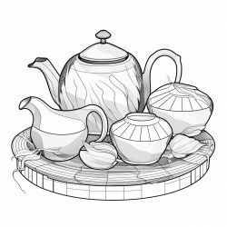 an asian influence tea service using light greys and bold lines with very minimal shading and black fill