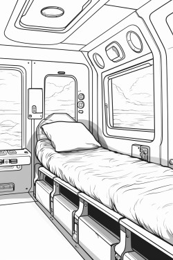 spaceship cabin bed screens desktop space futuristic detail coloring book