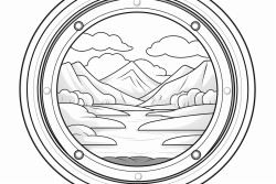clean line art wide open round window with flowing river view