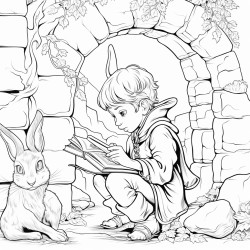 young elf reading a book  stone wall rabbit