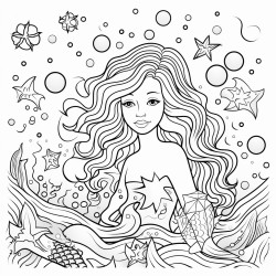 a mermaid swimming through a galaxy filled with colorful fish and sea creatures