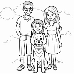 five year old girl with braids and glasses standing next to her mom dad and a beagle