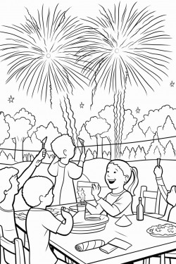 4th of july party with kids playing in park and fireworks
