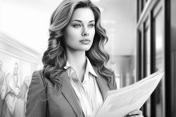 business woman turned to the side face not visible business suit documents in hand