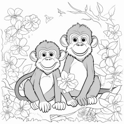 smiling monkeys in paradise next to the beautiful forest with flowers
