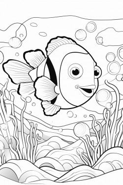 a vibrant clownfish swimming among colorful coral reefs and sea anemones with bubbles rising around it