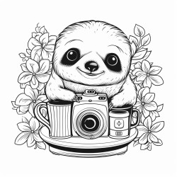 cute sloth in a teacup vintage camera