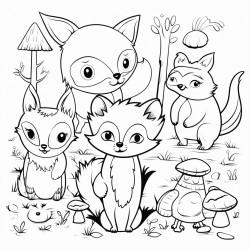 a blackandwhite coloring book page with cute cartoon woodland animals warm and hyggeinspired with simple bold lines