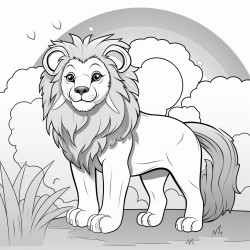 a lion in the forest with a rainbow