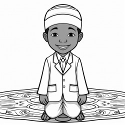 a african american muslim child on a prayer mat wearing a suit and bowtie