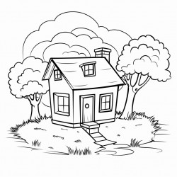 a house with trees grass and a rocking chair