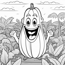 cartoon character of banana with a face in a garden