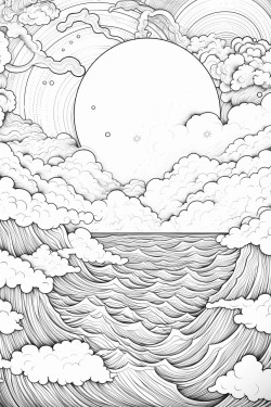 une image  colorier en noir et blanc dun paysage venant dun univers fantastique de leau la lune et des nuages