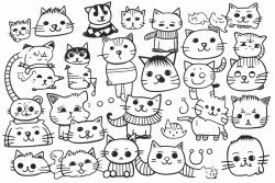 random figures cartoon cats playful poses paw prints fish bonesbows outlined in bold clear lines colouring book line drawing white