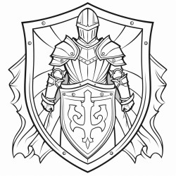 a standing knight holding a shield a cross is featured in the center of the shield