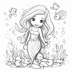 bolt and simpel black and wite coloring page of cute mermaid sarounded by sea creachers and seashells