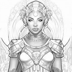 create an image of a woman warrior with african features putting on a breast plate detailed and decorative background