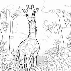 a giraffe in the forest with flowers