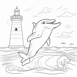 a playful dolphin jumping out of the ocean with a lighthouse in the background for sixyearolds to color