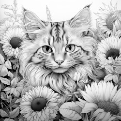 cat in field of sunflowers