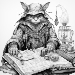 warlock with cat and books in a room with magic artefacts