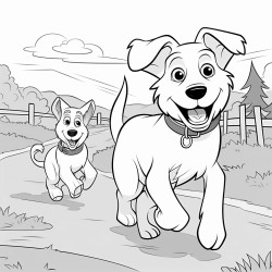 a flat haired labrador dog and a border collie dog running together on a farm