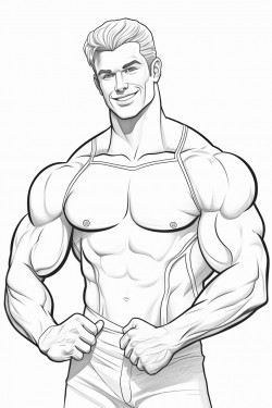 a handsome male bodybuilder in a speedo smiling and flexing his bicep