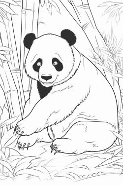 a giant panda sitting on the ground munching on bamboo stalks in a forest with bamboo trees in the background bold outline coloring book for kids coloring page