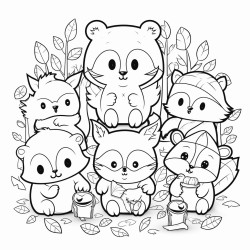 a cute forest friends gathering coloring bookvector white background black and white black drawing