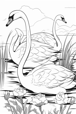 2 swan on a lake stylized with plants