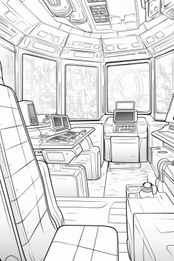 space ship cabin with screens with desk space futuristic detail