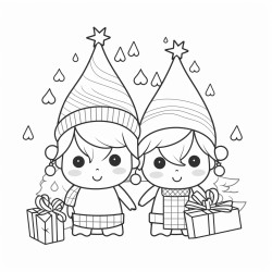 very minimalistic simple childrens coloring page with continuous thick lines and with no greyscale no background and no shading of 2 kawaii style gnomes wrapping christmas gifts near a christmas tree